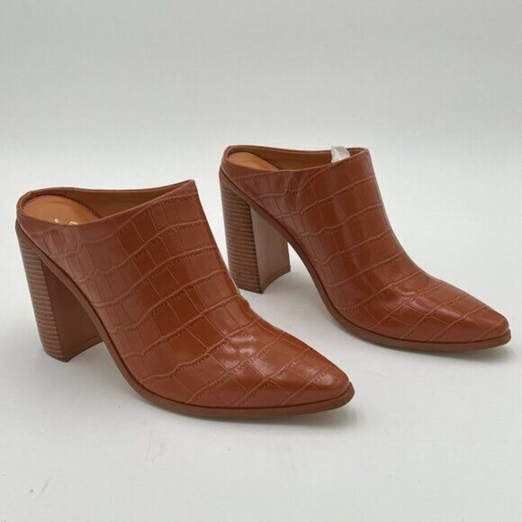 FOWT Brown Crocodile Embossed Mules Chunky Stacked Heel Pointed Toe Slippers - Picture 4 of 6